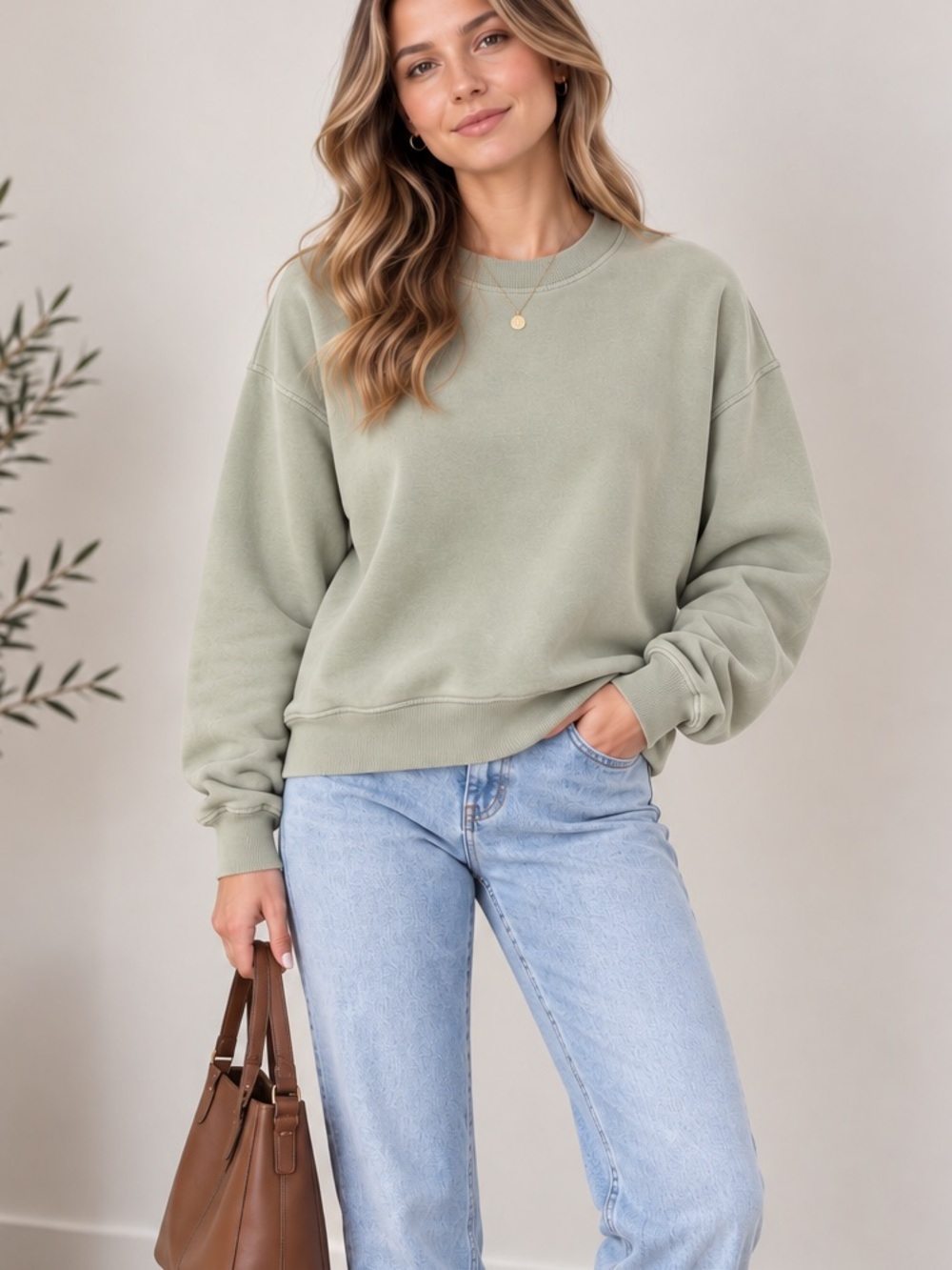 Abercrombie & Fitch Soft A&F Fleece Sage Green Oversized Crewneck Sweatshirt S